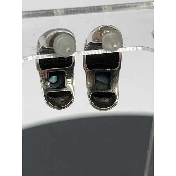 FAS DESIGNER Abalone & Marcasite 925 J-Hoop Post Pierced Earrings 5.30g - Picture 3 of 11